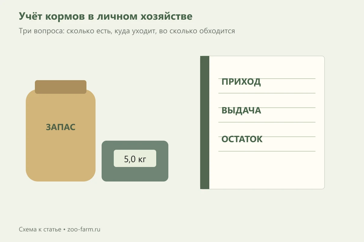 Иллюстрация учёта кормов: мешок с кормом, весы и журнал движения запасов