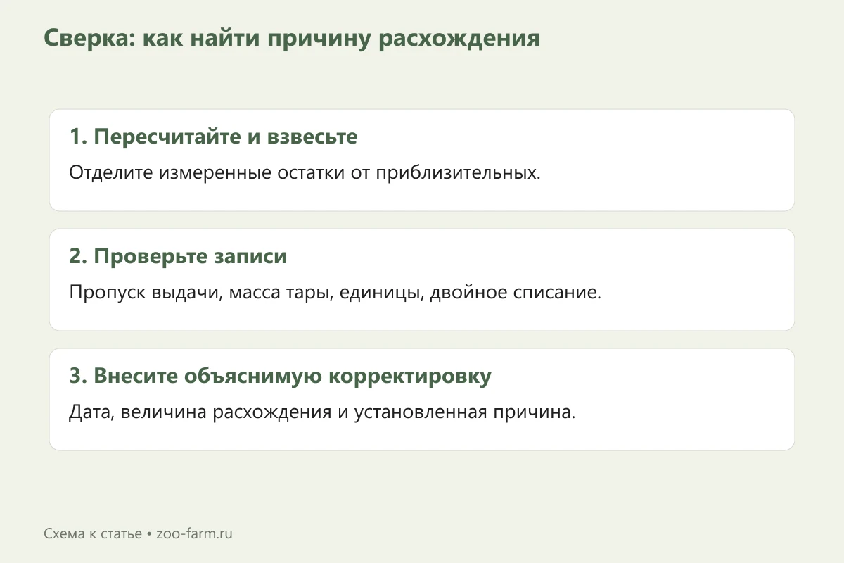 Порядок сверки: пересчитать запас, сравнить с журналом, найти пропуск или ошибку единиц и записать подтверждённую корректировку