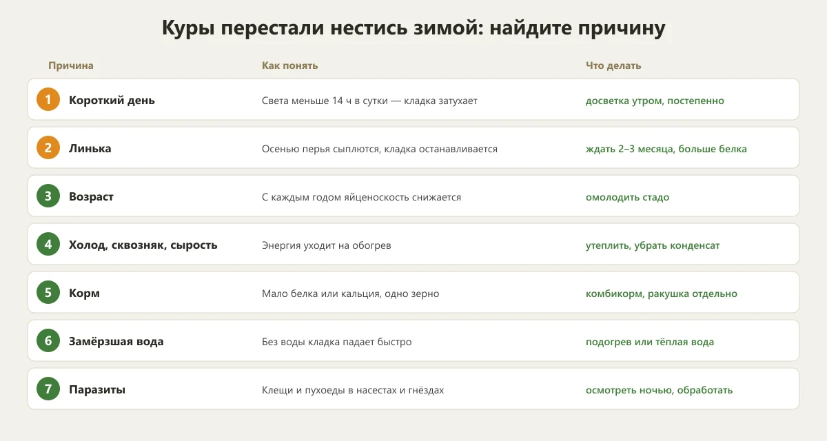 почему куры перестали нестись зимой: причины и что делать