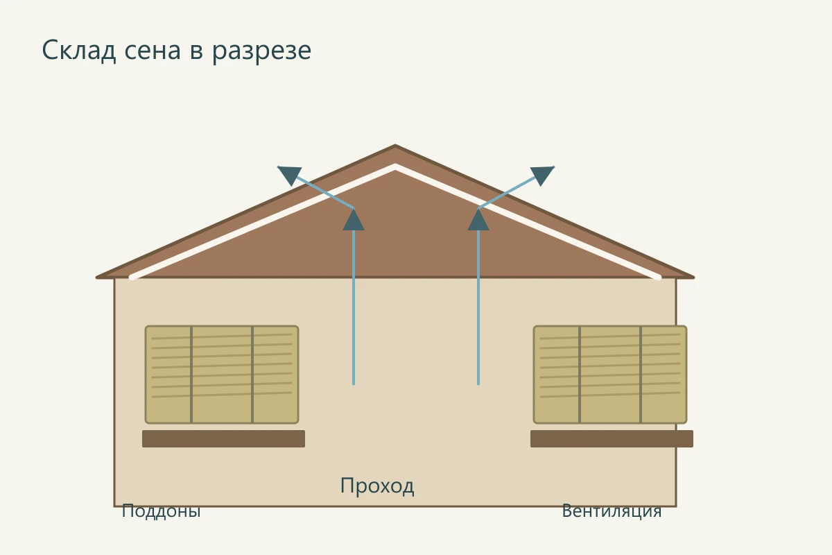 Разрез склада сена: крыша, поддоны, вентиляция и проход